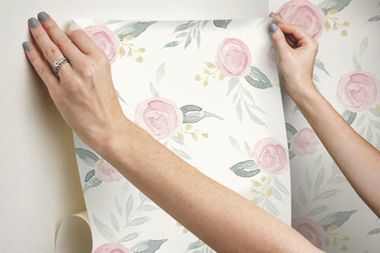 York Wallcoverings York Premium Peel + Stick Magnolia Magnolia Home Watercolor Roses Pink Peel and Stick Wallpaper  Botanical Pinks  Wallpaper - PSW1010RL
