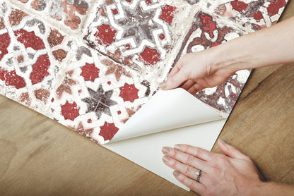 York Wallcoverings Grasscloth, Wood and Stone Encaustic Tile Red Peel and Stick Wallpaper  Brick, Wood and Stone Reds  Wallpaper - PSW1300RL