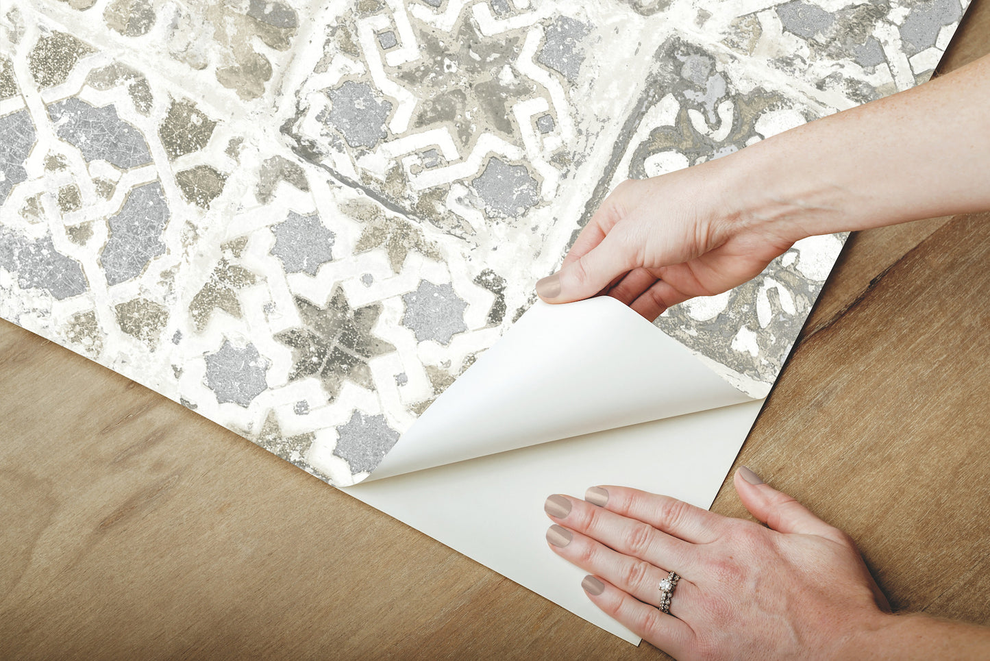 York Wallcoverings Grasscloth, Wood and Stone Ecaustic Tile Grey Peel and Stick Wallpaper  Brick, Wood and Stone Greys  Wallpaper - PSW1301RL