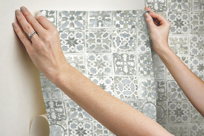 York Wallcoverings Grasscloth, Wood and Stone Ecaustic Tile Grey Peel and Stick Wallpaper  Brick, Wood and Stone Greys  Wallpaper - PSW1301RL