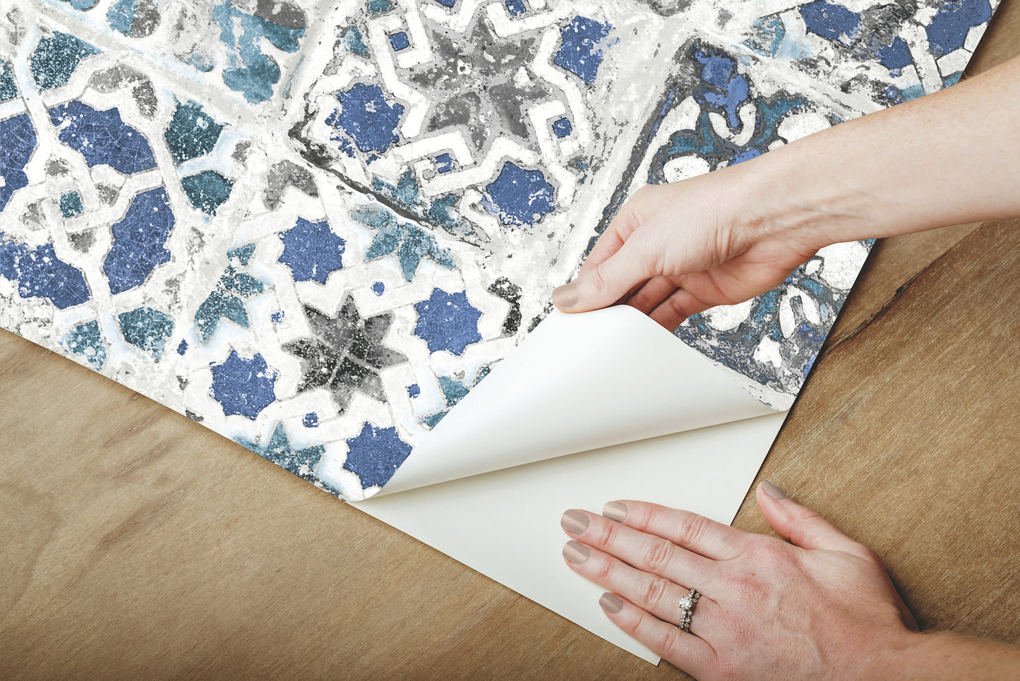 York Wallcoverings Grasscloth, Wood and Stone Encaustic Tile Blue Peel and Stick Wallpaper  Brick, Wood and Stone Blues  Wallpaper - PSW1302RL