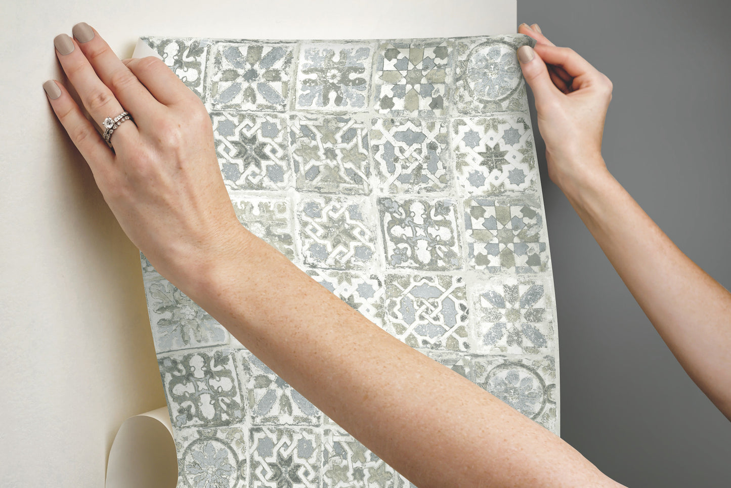 York Wallcoverings Grasscloth, Wood and Stone Encaustic Tile Blue Peel and Stick Wallpaper  Brick, Wood and Stone Blues  Wallpaper - PSW1302RL