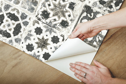 York Wallcoverings Grasscloth, Wood and Stone Encaustic Tile Black Peel and Stick Wallpaper  Brick, Wood and Stone Blacks  Wallpaper - PSW1303RL