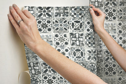 York Wallcoverings Grasscloth, Wood and Stone Encaustic Tile Black Peel and Stick Wallpaper  Brick, Wood and Stone Blacks  Wallpaper - PSW1303RL