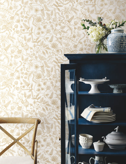 York Wallcoverings Rifle Paper Co. Premium Peel and Stick Aviary Off White and Gold Peel and Stick Wallpaper  Botanical Whites and Off-Whites  Wallpaper - PSW1309RL