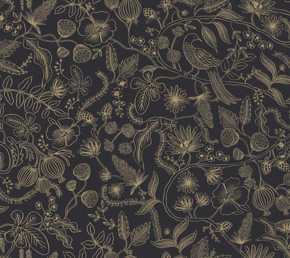 York Wallcoverings Rifle Paper Co. Premium Peel and Stick Aviary Black and Gold Peel and Stick Wallpaper  Botanical Blacks  Wallpaper - PSW1310RL