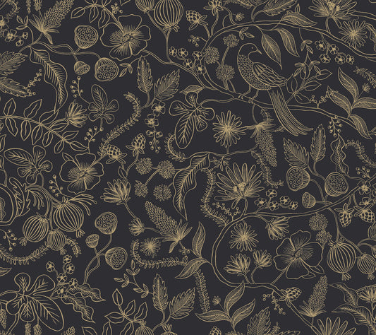 York Wallcoverings Rifle Paper Co. Premium Peel and Stick Aviary Black and Gold Peel and Stick Wallpaper  Botanical Blacks  Wallpaper - PSW1310RL