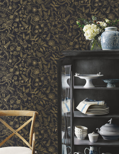 York Wallcoverings Rifle Paper Co. Premium Peel and Stick Aviary Black and Gold Peel and Stick Wallpaper  Botanical Blacks  Wallpaper - PSW1310RL