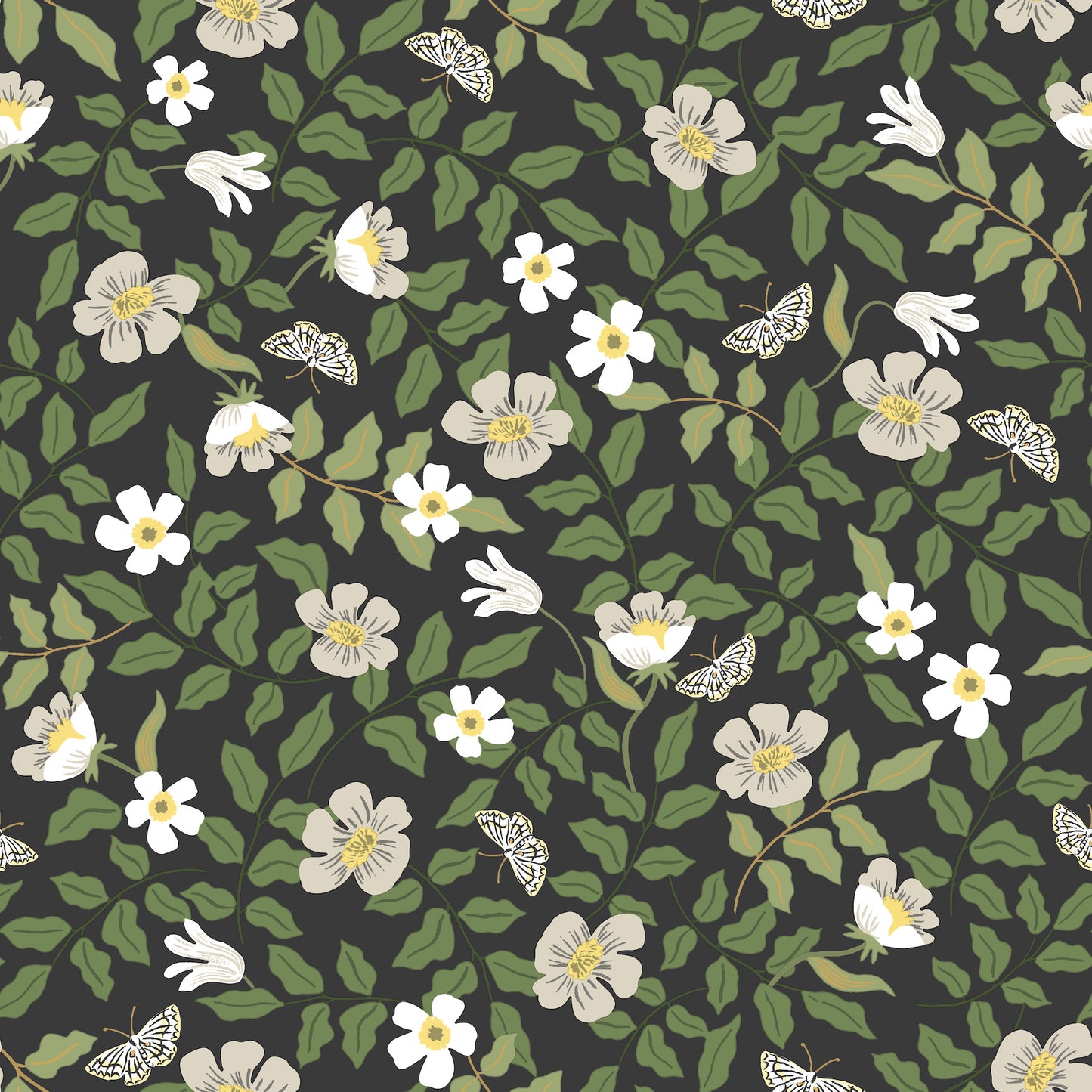 Black backdrop wallpaper with floral print in off-white and white flowers and green leaves.
