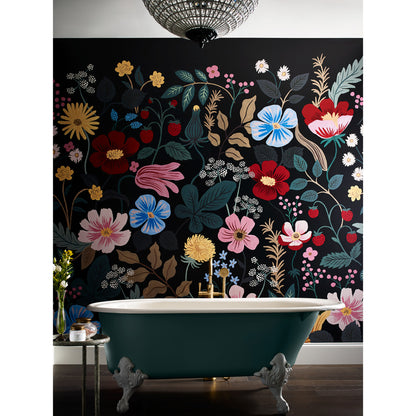 York Wallcoverings RoomMates Strawberry Fields Black Peel and Stick Wall Mural Whimsical Florals Blacks  Wallpaper - PSW1333M