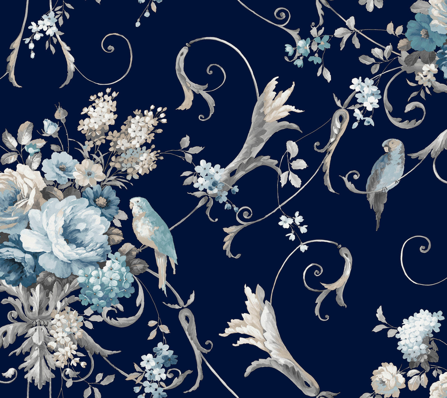 York Wallcoverings Vintage Florals Parrots with Floral Bouquets Navy Peel and Stick Wallpaper  Florals and Flowers Blacks  Wallpaper - PSW1360RL