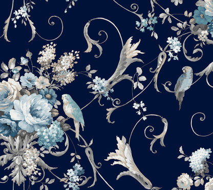 York Wallcoverings Vintage Florals Parrots with Floral Bouquets Navy Peel and Stick Wallpaper  Florals and Flowers Blacks  Wallpaper - PSW1360RL
