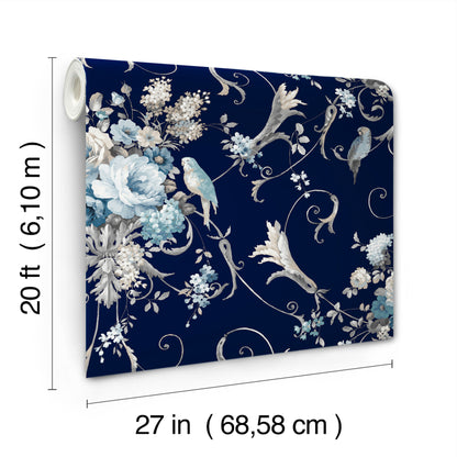 York Wallcoverings Vintage Florals Parrots with Floral Bouquets Navy Peel and Stick Wallpaper  Florals and Flowers Blacks  Wallpaper - PSW1360RL
