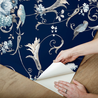 York Wallcoverings Vintage Florals Parrots with Floral Bouquets Navy Peel and Stick Wallpaper  Florals and Flowers Blacks  Wallpaper - PSW1360RL
