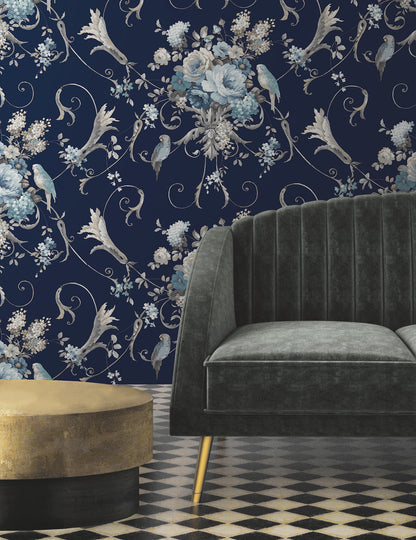 York Wallcoverings Vintage Florals Parrots with Floral Bouquets Navy Peel and Stick Wallpaper  Florals and Flowers Blacks  Wallpaper - PSW1360RL