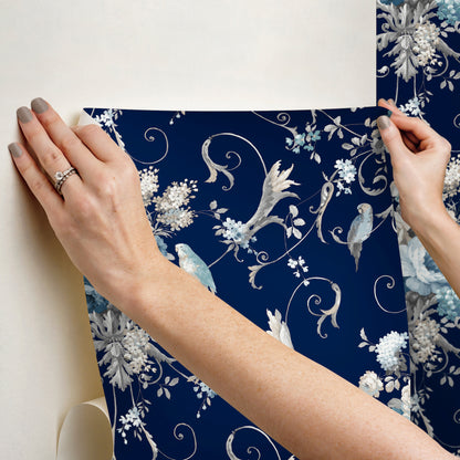 York Wallcoverings Vintage Florals Parrots with Floral Bouquets Navy Peel and Stick Wallpaper  Florals and Flowers Blacks  Wallpaper - PSW1360RL