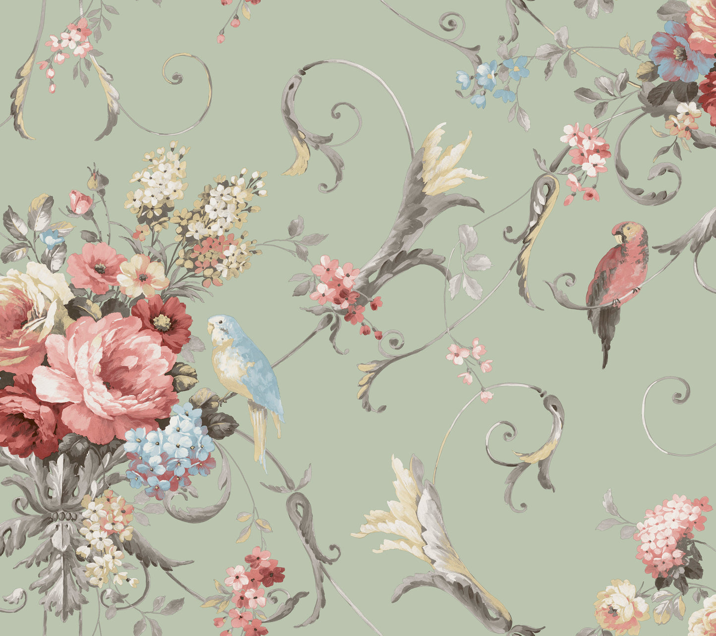 York Wallcoverings Vintage Florals Parrots with Floral Bouquets Eucalyptus Peel and Stick Wallpaper  Florals and Flowers Greens  Wallpaper - PSW1361RL