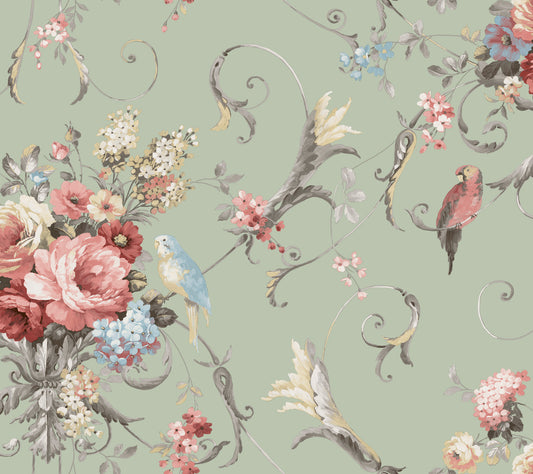 York Wallcoverings Vintage Florals Parrots with Floral Bouquets Eucalyptus Peel and Stick Wallpaper  Florals and Flowers Greens  Wallpaper - PSW1361RL