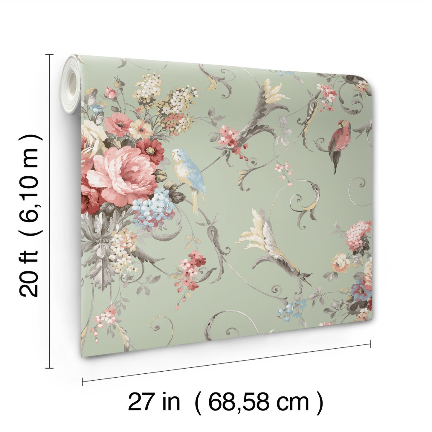 York Wallcoverings Vintage Florals Parrots with Floral Bouquets Eucalyptus Peel and Stick Wallpaper  Florals and Flowers Greens  Wallpaper - PSW1361RL