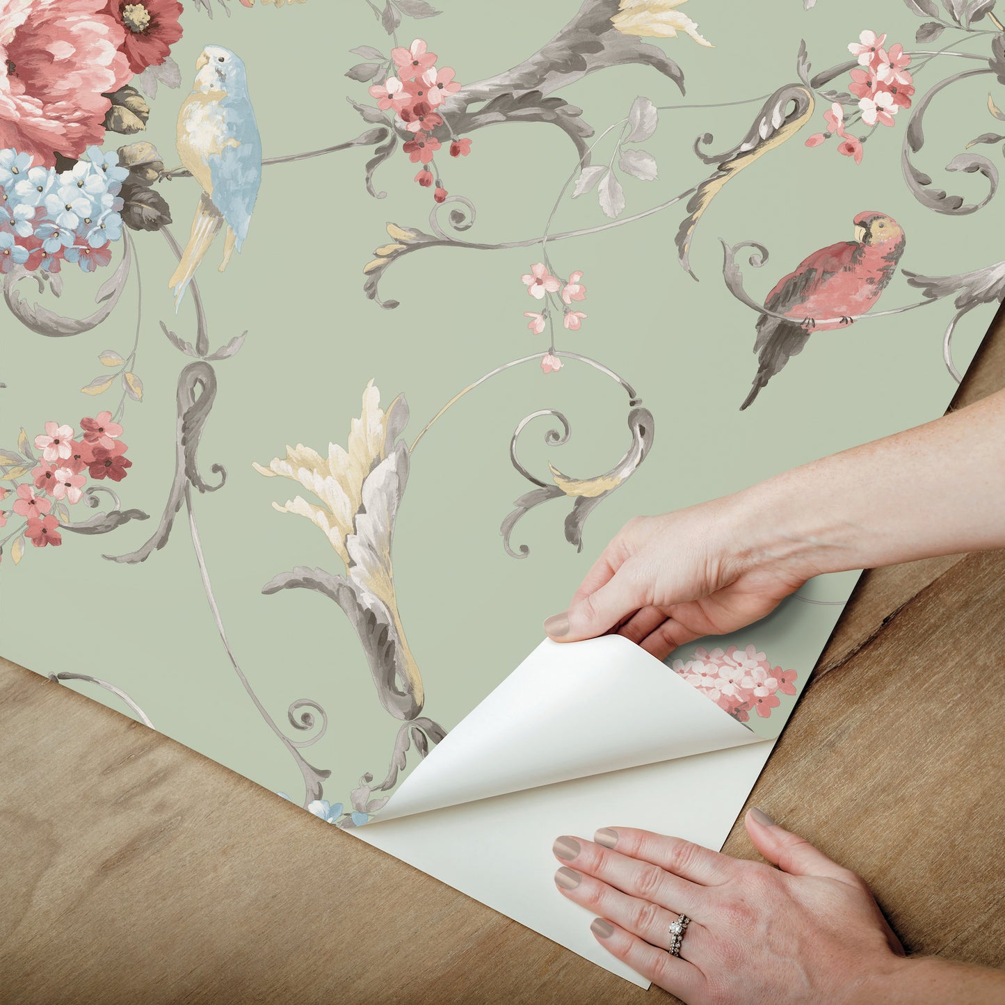 York Wallcoverings Vintage Florals Parrots with Floral Bouquets Eucalyptus Peel and Stick Wallpaper  Florals and Flowers Greens  Wallpaper - PSW1361RL