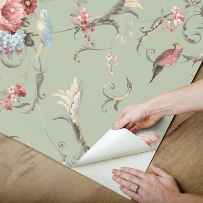 York Wallcoverings Vintage Florals Parrots with Floral Bouquets Eucalyptus Peel and Stick Wallpaper  Florals and Flowers Greens  Wallpaper - PSW1361RL
