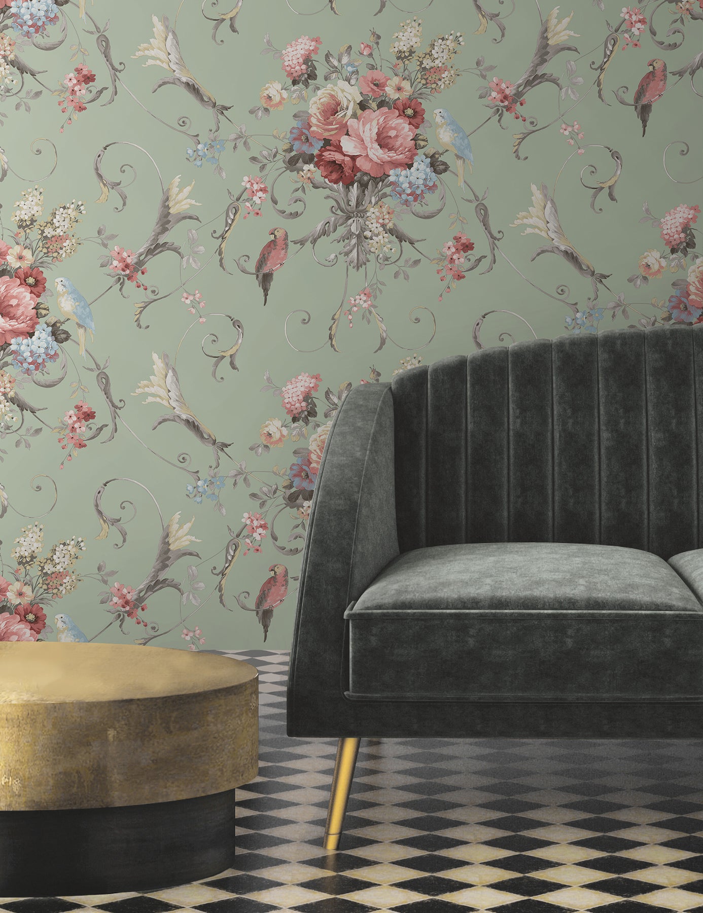York Wallcoverings Vintage Florals Parrots with Floral Bouquets Eucalyptus Peel and Stick Wallpaper  Florals and Flowers Greens  Wallpaper - PSW1361RL