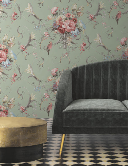 York Wallcoverings Vintage Florals Parrots with Floral Bouquets Eucalyptus Peel and Stick Wallpaper  Florals and Flowers Greens  Wallpaper - PSW1361RL
