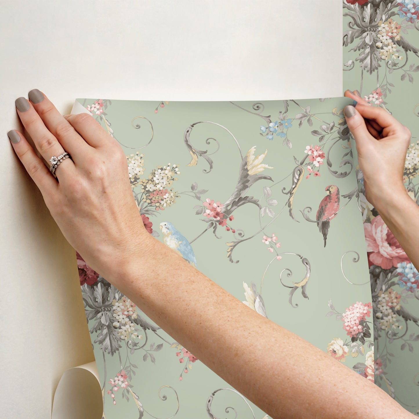 York Wallcoverings Vintage Florals Parrots with Floral Bouquets Eucalyptus Peel and Stick Wallpaper  Florals and Flowers Greens  Wallpaper - PSW1361RL