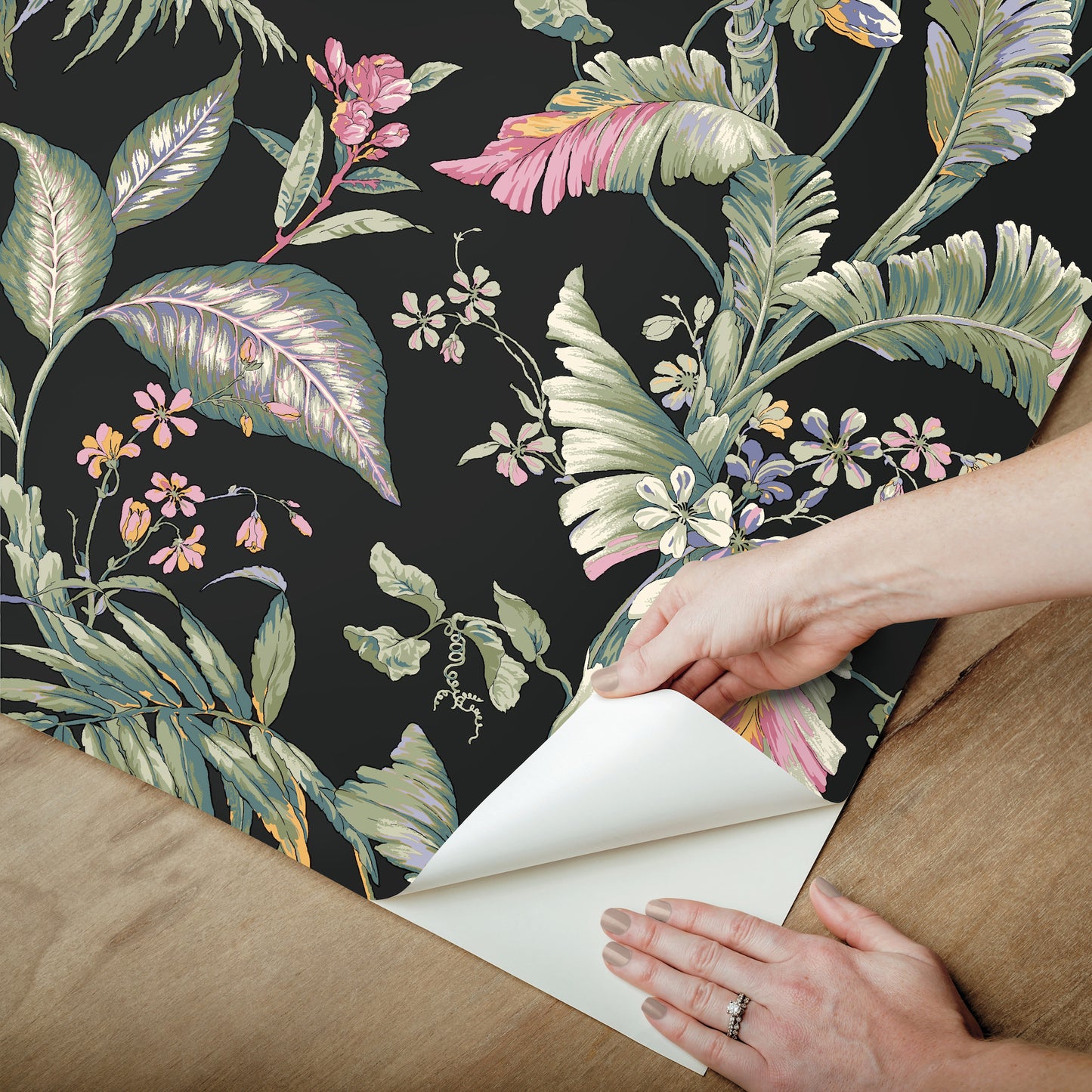 York Wallcoverings Vintage Florals Fiji Garden Black Peel and Stick Wallpaper  Tropical Greens  Wallpaper - PSW1368RL