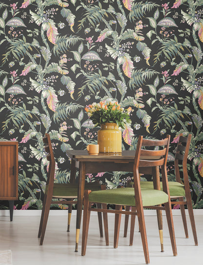 York Wallcoverings Vintage Florals Fiji Garden Black Peel and Stick Wallpaper  Tropical Greens  Wallpaper - PSW1368RL