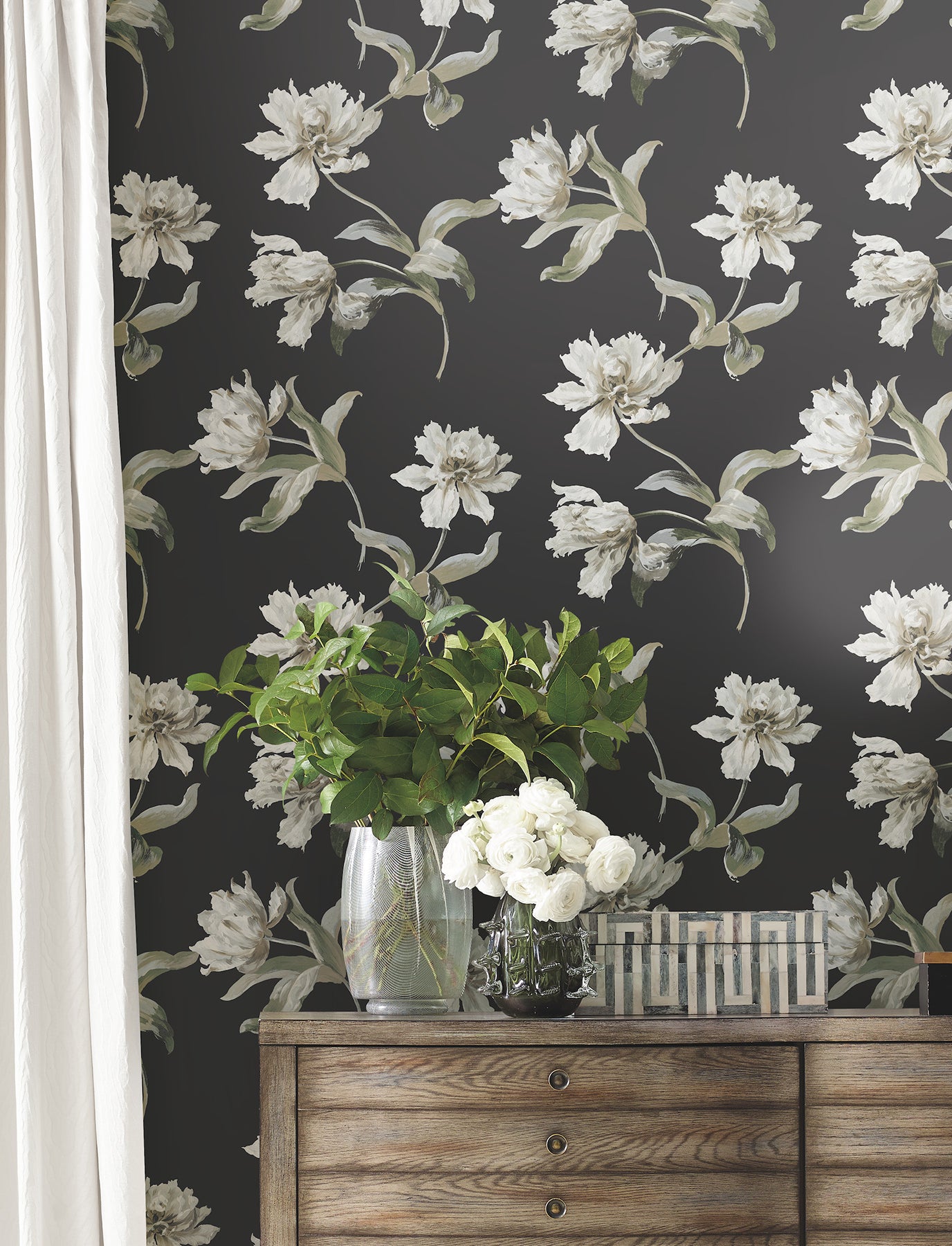 York Wallcoverings Vintage Florals Large Parrot Tulip Black Peel and Stick Wallpaper  Florals and Flowers Blacks  Wallpaper - PSW1372RL