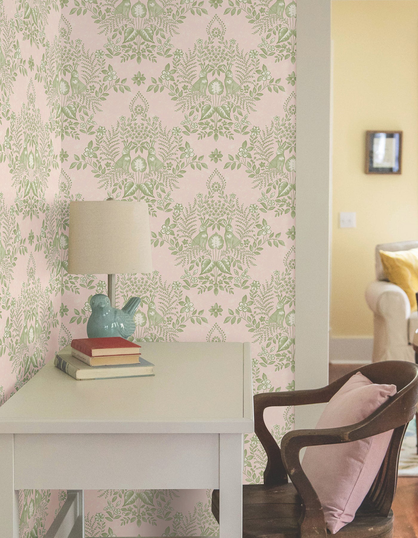 York Wallcoverings Erin and Ben Co. Cottontail Toile Pink and Chartreuse Peel and Stick Wallpaper  Animals Pinks  Wallpaper - PSW1432RL