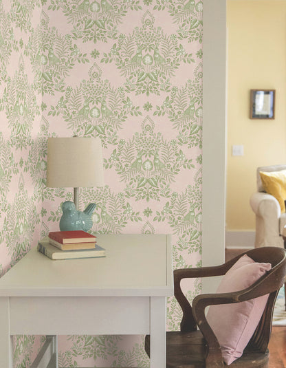 York Wallcoverings Erin and Ben Co. Cottontail Toile Pink and Chartreuse Peel and Stick Wallpaper  Animals Pinks  Wallpaper - PSW1432RL