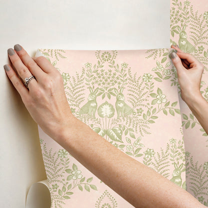 York Wallcoverings Erin and Ben Co. Cottontail Toile Pink and Chartreuse Peel and Stick Wallpaper  Animals Pinks  Wallpaper - PSW1432RL
