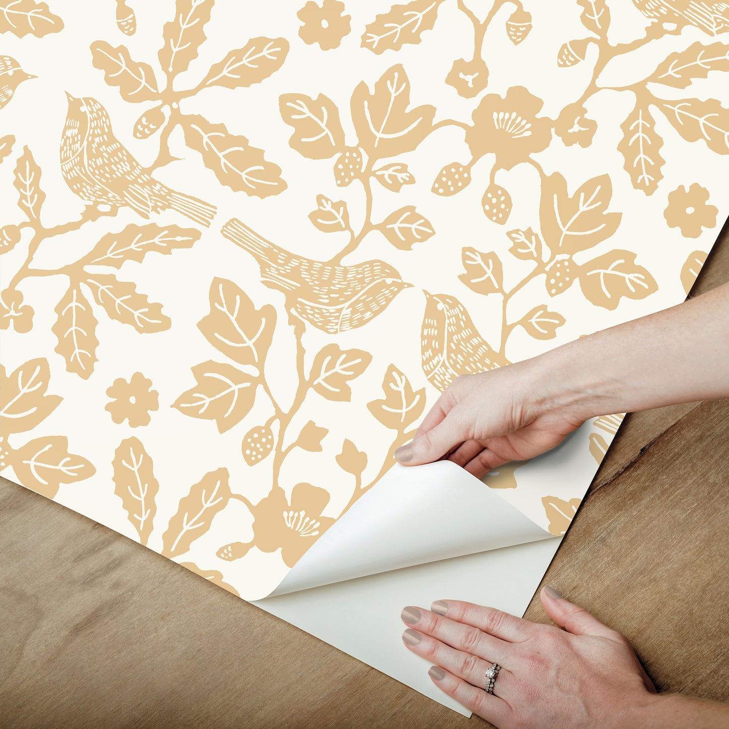 York Wallcoverings Erin and Ben Co. Sparrow and Oak Ochre Yellow Peel and Stick Wallpaper  Botanical Yellows  Wallpaper - PSW1439RL