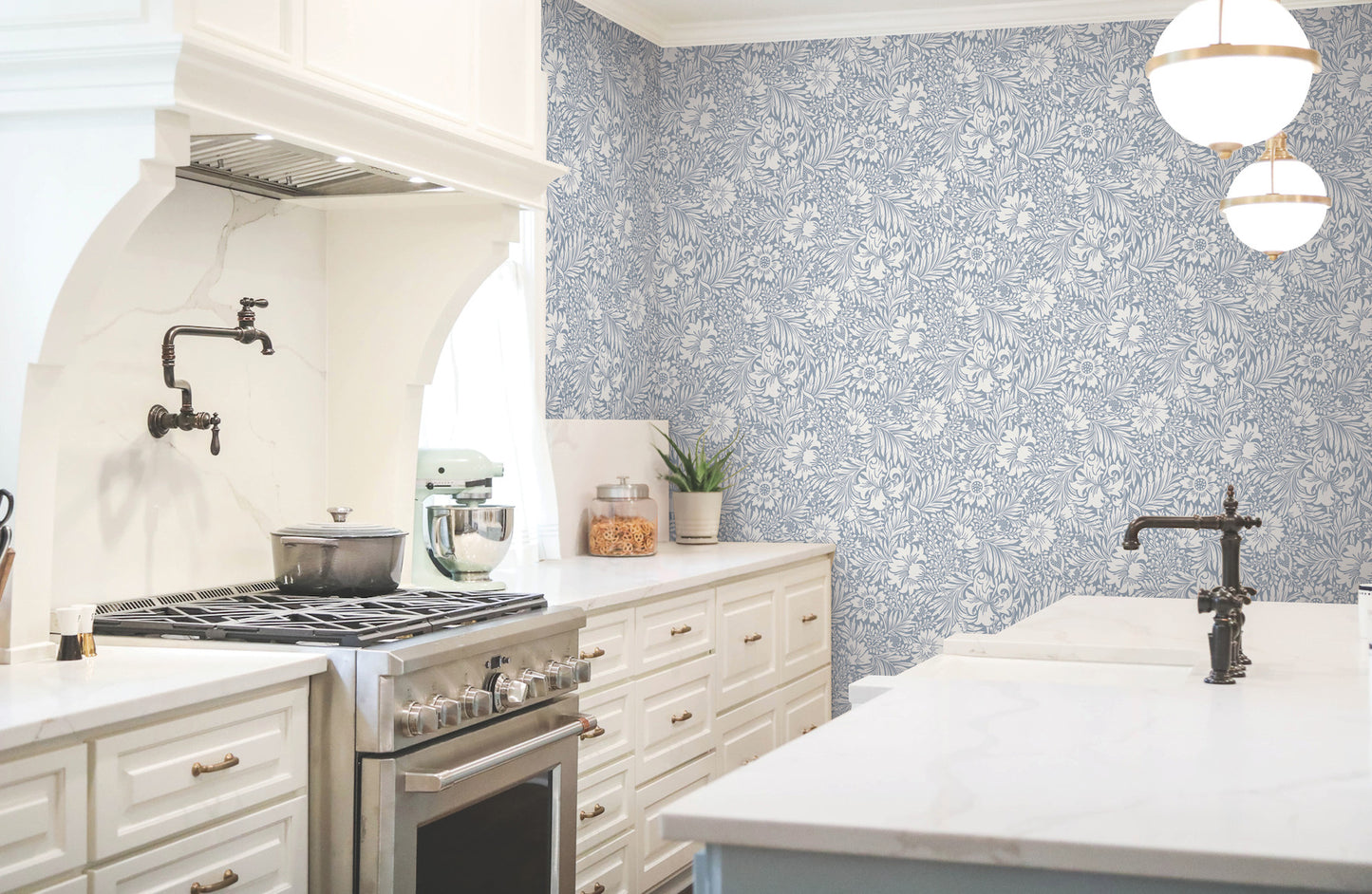 York Wallcoverings Erin and Ben Co. Modern Acanthus Wedgewood Blue Peel and Stick Wallpaper  Florals and Flowers Blues  Wallpaper - PSW1443RL