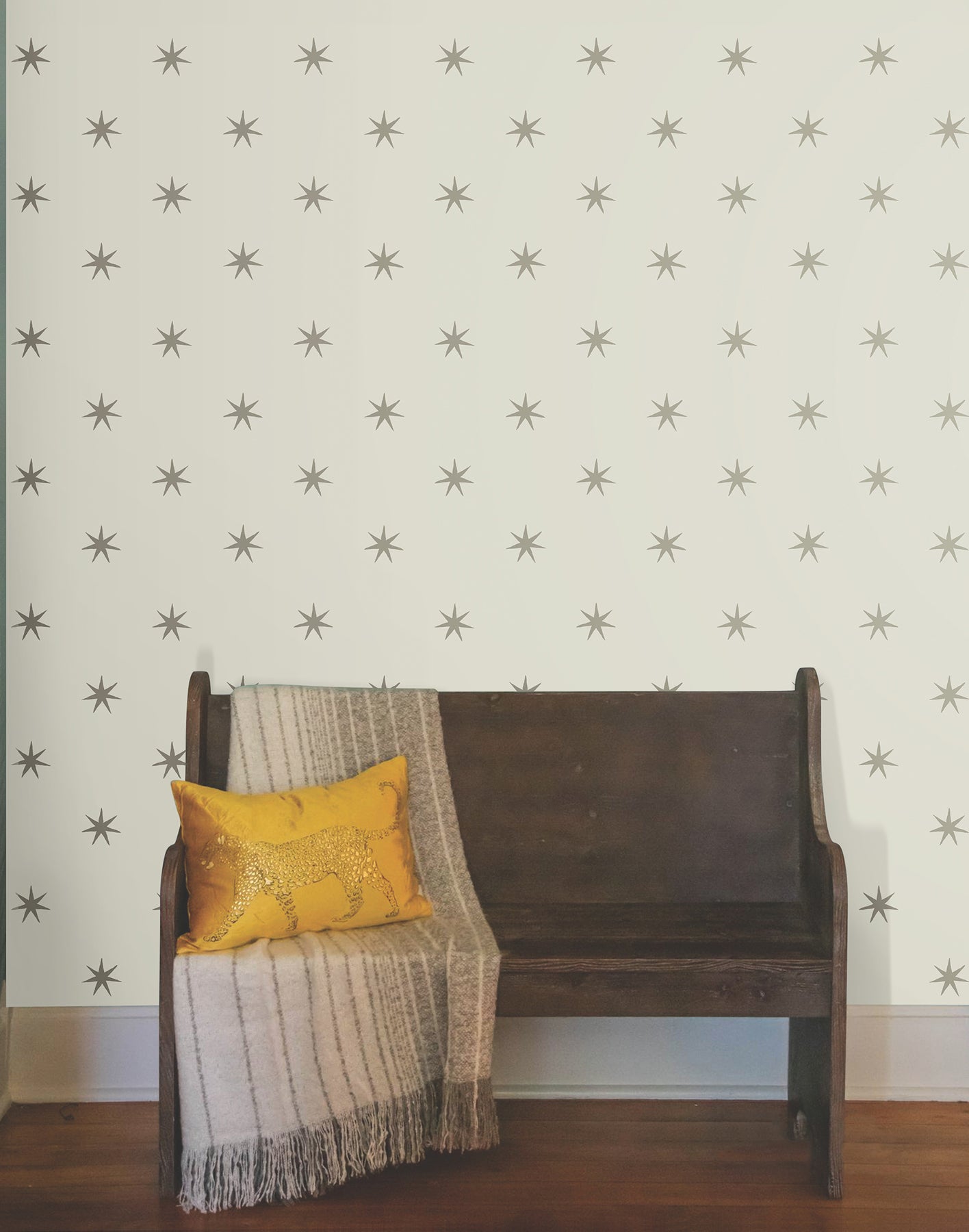 Star Splendor Wallpaper PSW1452RL in Wicker & Metallic Glint, showing removable peel‑and‑stick metallic star pattern, ideal for accent walls and rental‑friendly interiors.