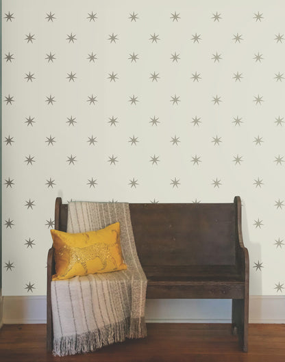 Star Splendor Wallpaper PSW1452RL in Wicker & Metallic Glint, showing removable peel‑and‑stick metallic star pattern, ideal for accent walls and rental‑friendly interiors.