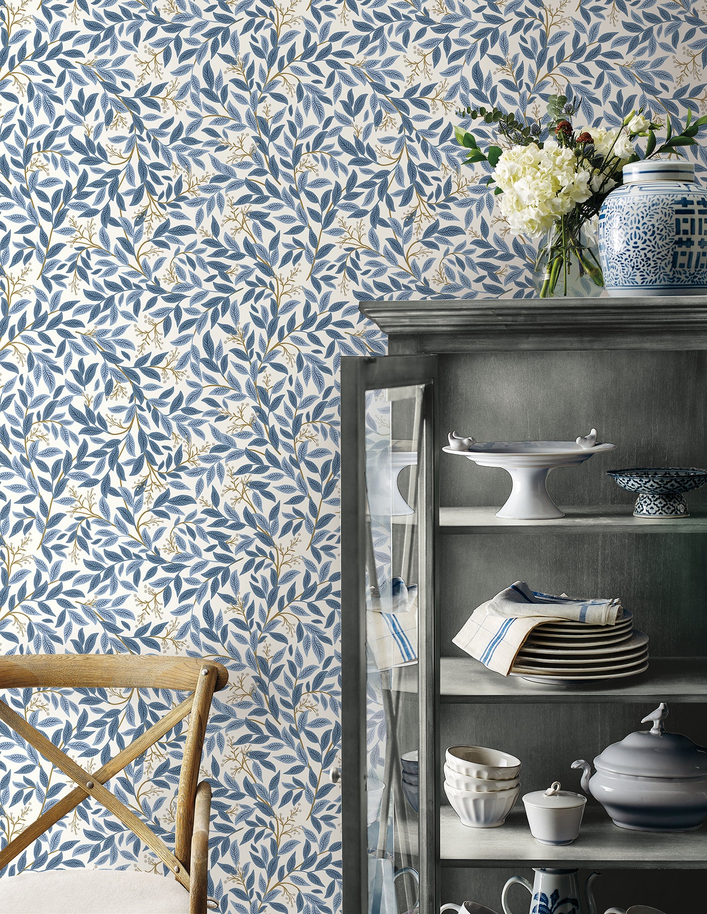 York Wallcoverings Peel and Stick Rifle Paper 2 Willowberry Blue and White Peel and Stick Wallpaper  Botanical Whites and Off-Whites  Wallpaper - PSW1469RL