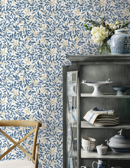 York Wallcoverings Peel and Stick Rifle Paper 2 Willowberry Blue and White Peel and Stick Wallpaper  Botanical Whites and Off-Whites  Wallpaper - PSW1469RL