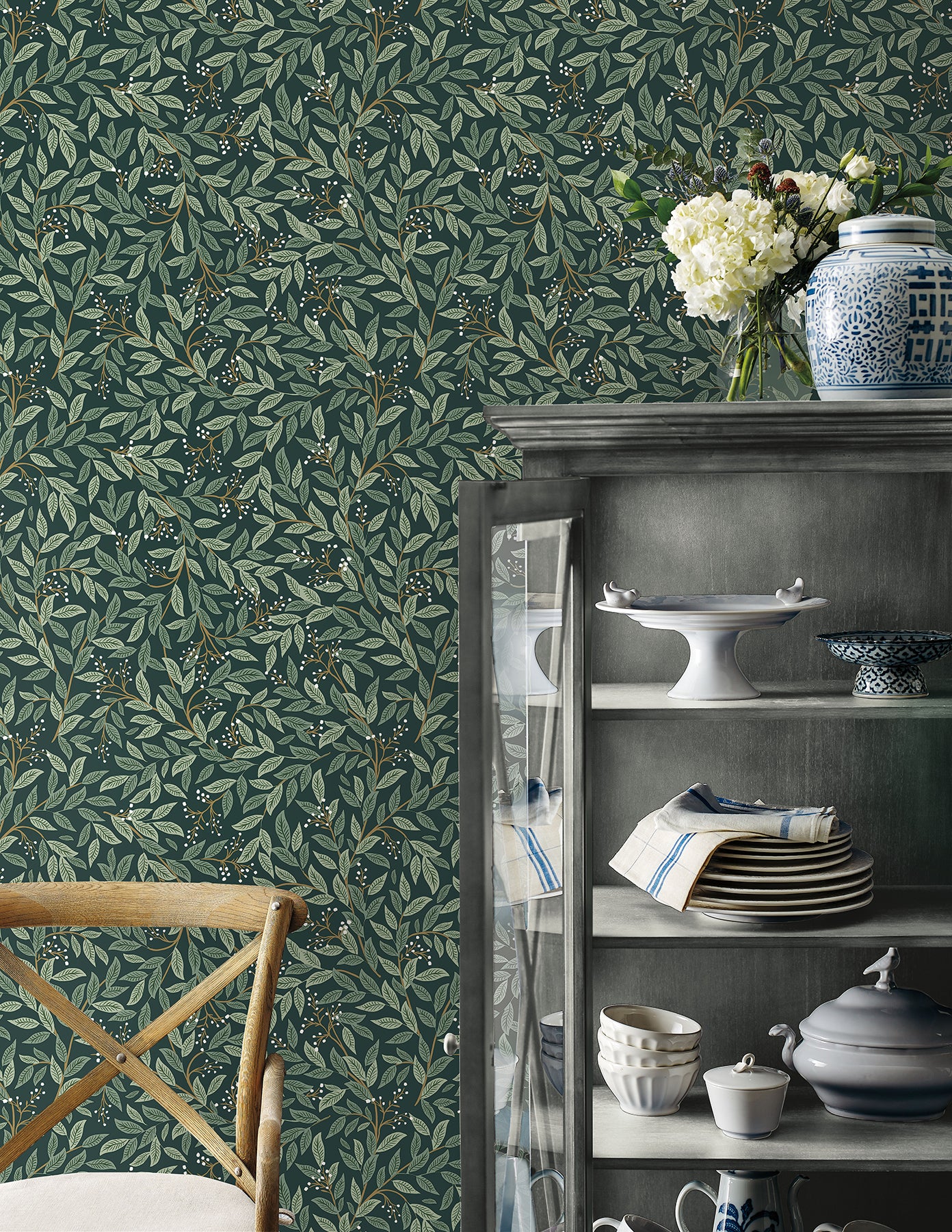 York Wallcoverings Peel and Stick Rifle Paper 2 Willowberry Emerald Peel and Stick Wallpaper  Botanical Greens  Wallpaper - PSW1471RL