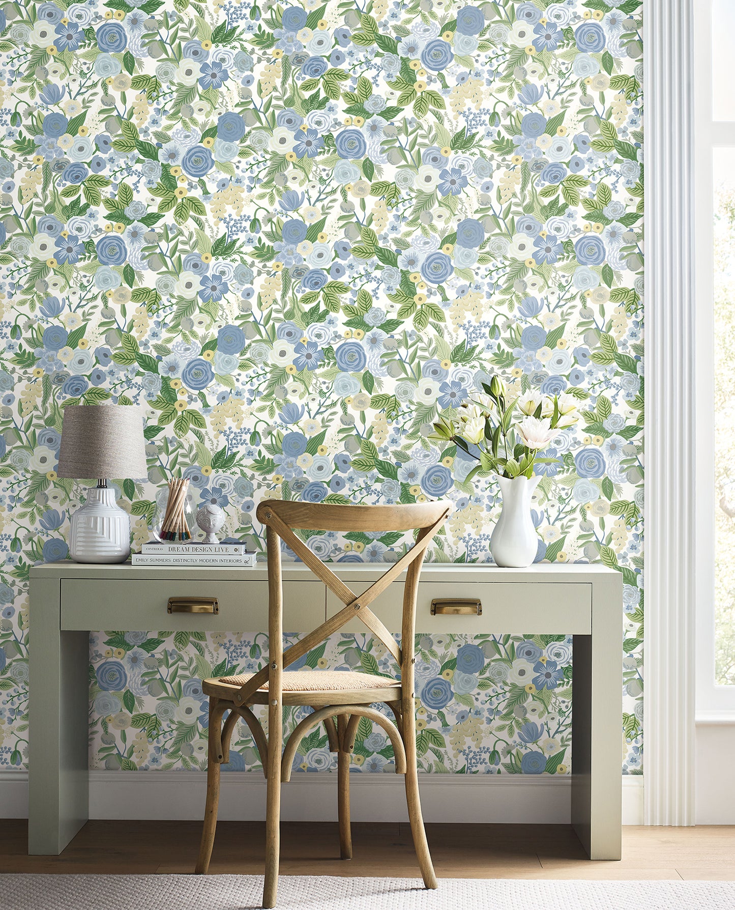 York Wallcoverings Watercolor Botanicals Garden Party Blue and Green Multi Peel and Stick Wallpaper  Florals and Flowers Whites and Off-Whites  Wallpaper - PSW1484RL