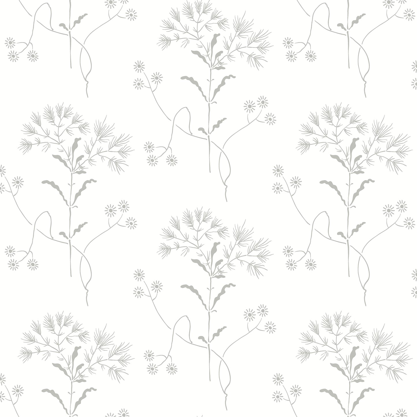 Soft gray botanical wallpaper pattern featuring delicate stems with leaves and dandelion-like seed heads.