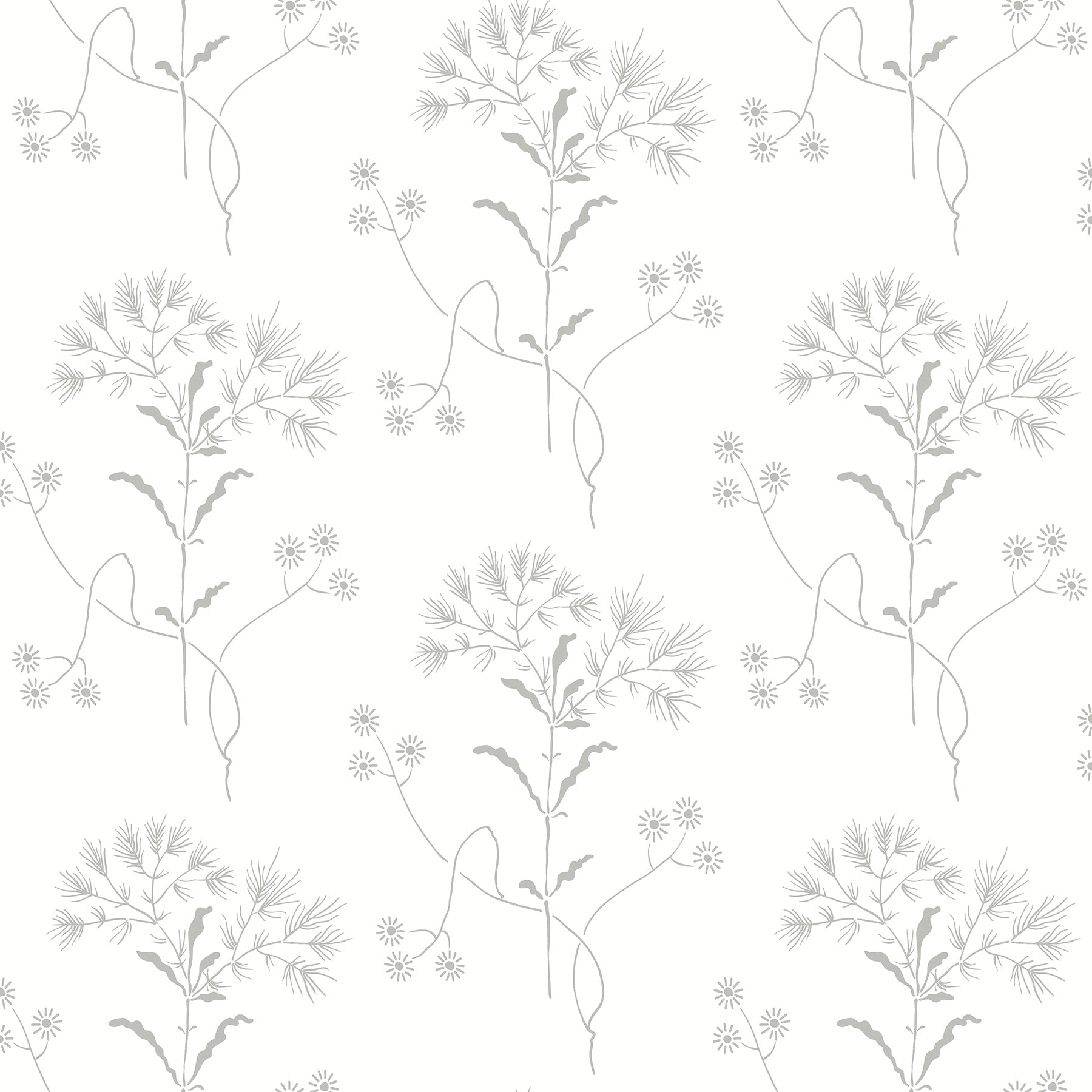 Soft gray botanical wallpaper pattern featuring delicate stems with leaves and dandelion-like seed heads.