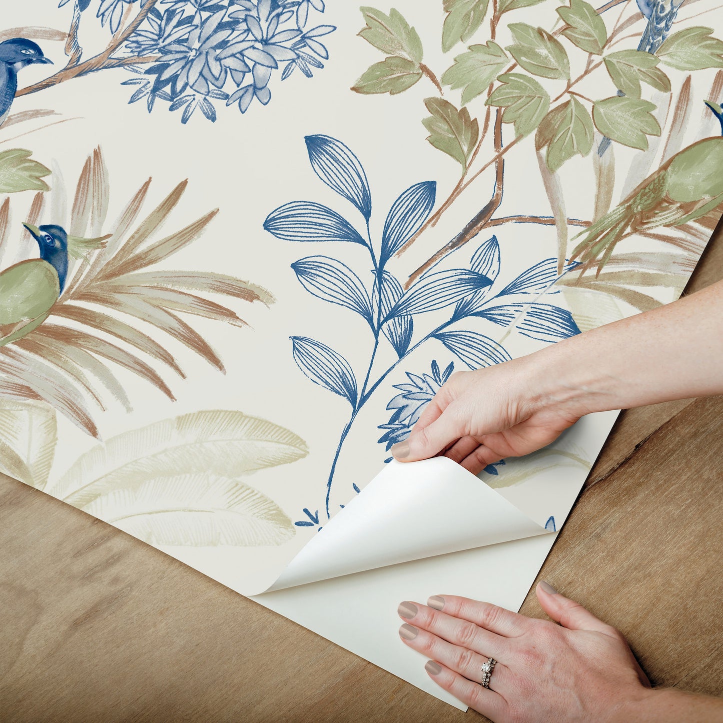York Wallcoverings Peel and Stick Rifle Paper 3 Handpainted Songbird Green and Blue Peel and Stick Wallpaper  Florals and Flowers Blues  Wallpaper - PSW1518RL