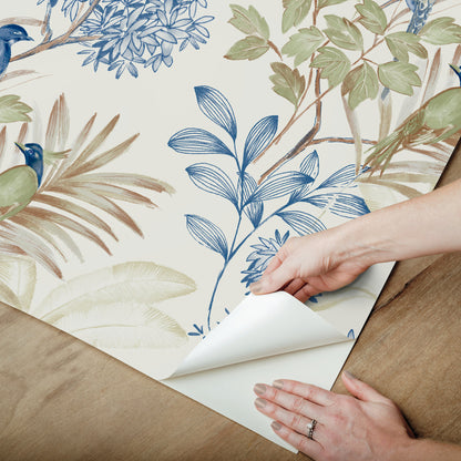 York Wallcoverings Peel and Stick Rifle Paper 3 Handpainted Songbird Green and Blue Peel and Stick Wallpaper  Florals and Flowers Blues  Wallpaper - PSW1518RL
