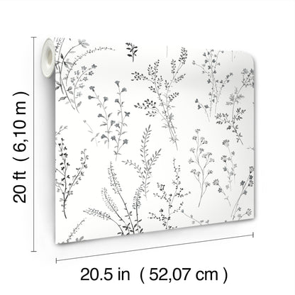 York Wallcoverings Watercolor Botanicals Wildflower Sprigs Black and White Peel and Stick Wallpaper  Botanical Blacks  Wallpaper - PSW1522RL