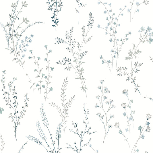 York Wallcoverings Watercolor Botanicals Wildflower Sprigs Blue and Green Peel and Stick Wallpaper  Botanical Blues  Wallpaper - PSW1523RL