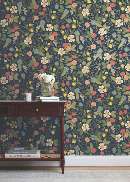 York Wallcoverings Simply Candice PSWP Colette Navy Peel and Stick Wallpaper Whimsical Florals and Flowers Blues  Wallpaper - PSW1534RL