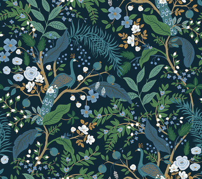 York Wallcoverings Peel and Stick Rifle Paper 3 Peacock Garden Navy Peel and Stick Wallpaper Whimsical Animals and Insects Blues  Wallpaper - PSW1536RL